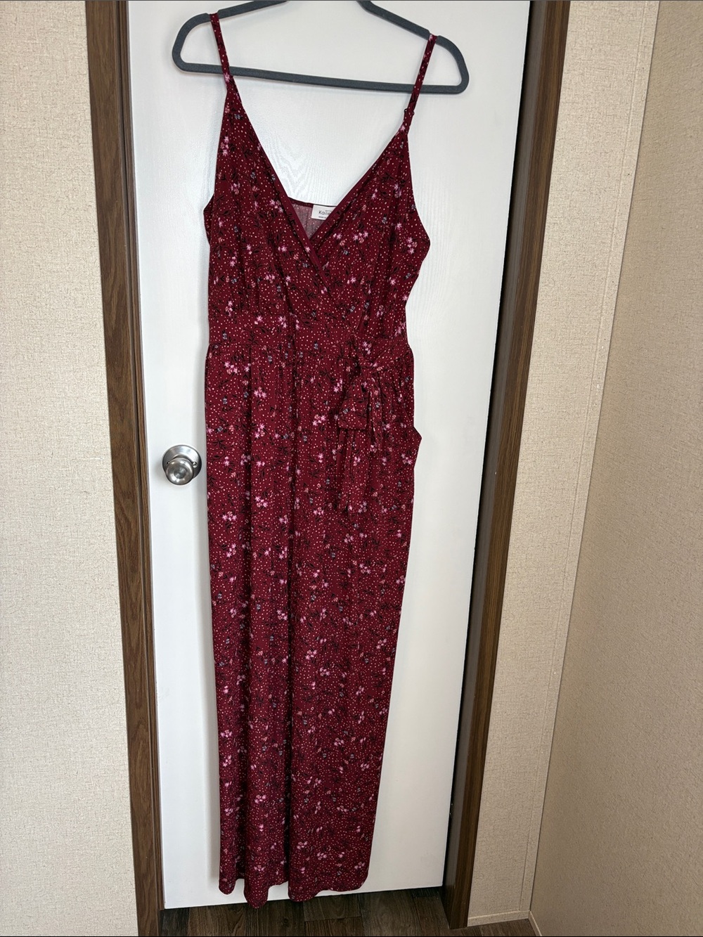 Kaileigh Women Burgundy Floral Wrap Wide Leg Jumpsuit 2X Pockets Boho Palazzo